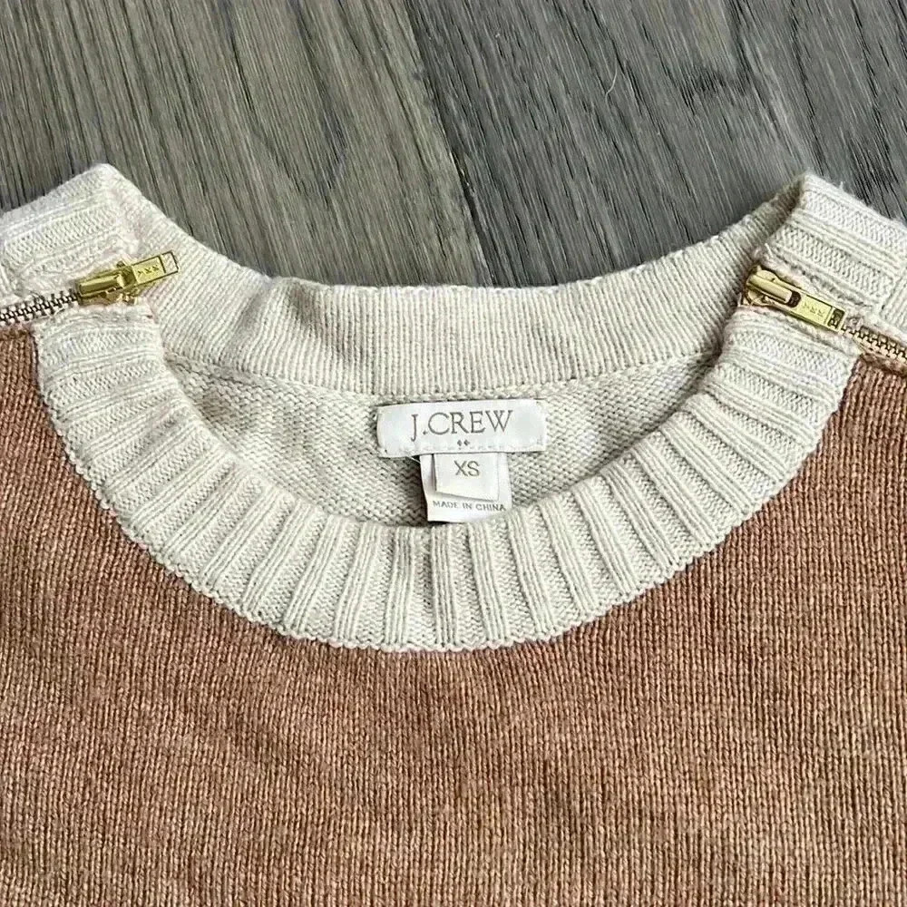 J.CREW | Brown And Cream Merino Wool Blend Crew Neck Sweater With Gold Zippers - Picture 5 of 9